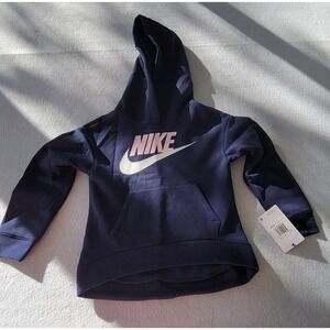 Nike Girls Navy Blue Pink Swoosh Hooded Pull‎ Over Sweatshirt Size 6 NEW
